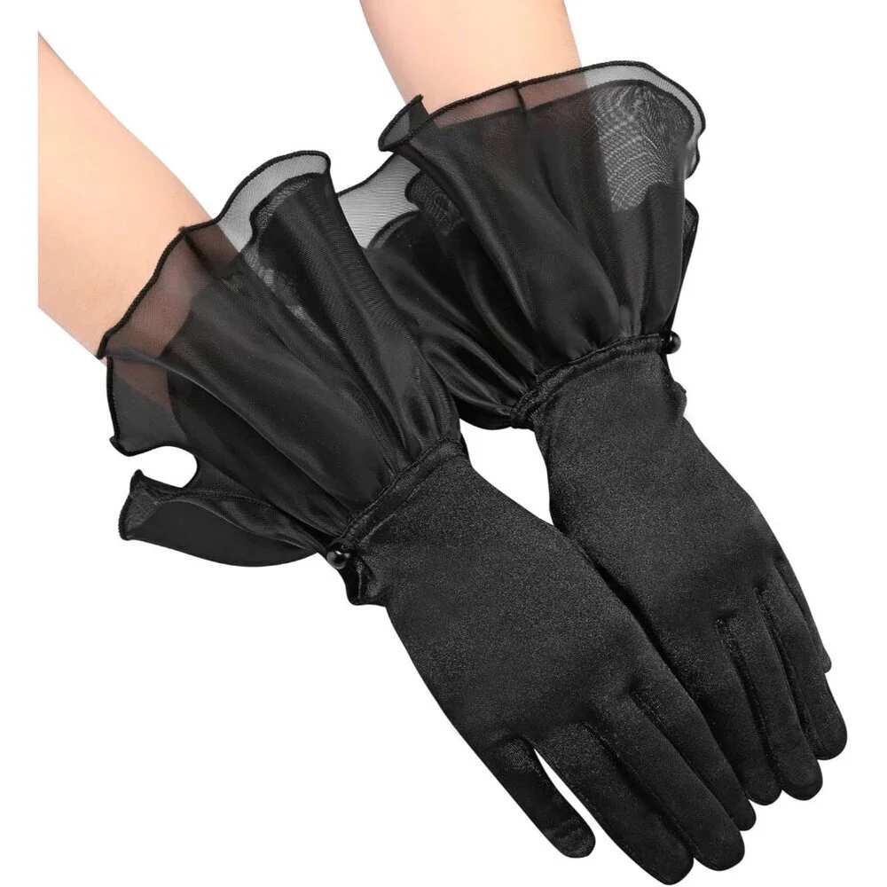 Women's Black Formal Dancing Cosplay Satin Petal Opera Bridal Wedding Gloves